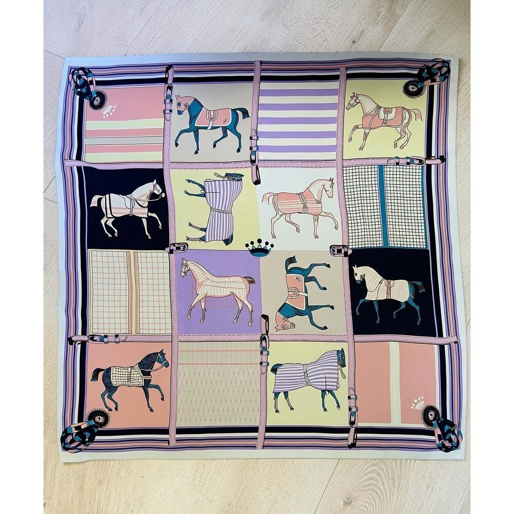VINTAGE 80s Pastel Pink Purple Show Horse Equestrian Crown Satin Polyester Scarf